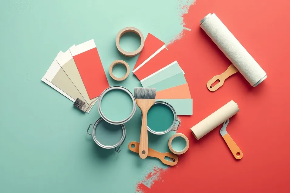 Pots de peinture, nuancier, brosses et rouleaux disposés à plat
