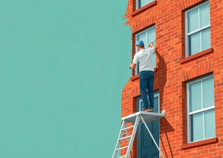 Peintre sur échafaudage traitant la façade d'une maison