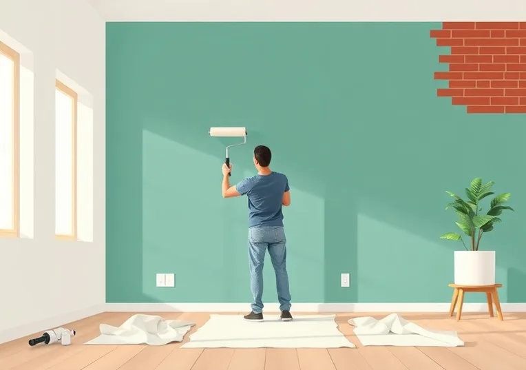 Peintre appliquant la peinture au rouleau sur un mur de salon